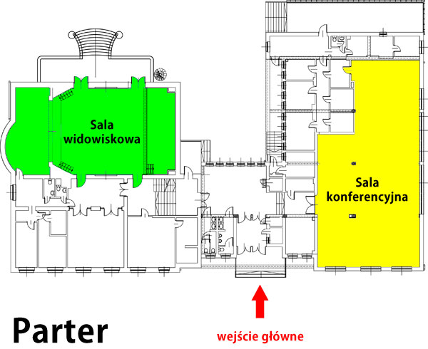 Widok sali widowiskowej i sali konferencyjnej na planie budynku OK